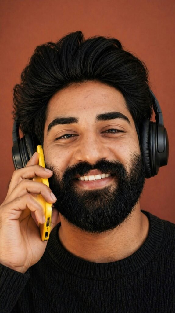 Persona con auriculares hablando por un teléfono amarillo, como un agente de voz atendiendo una llamada