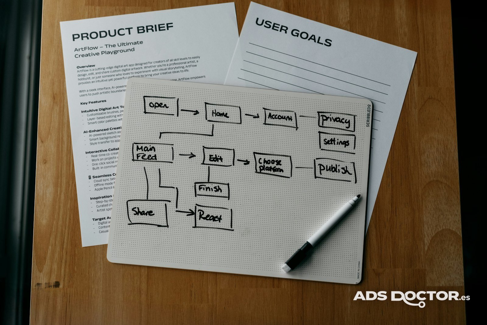 Diagrama de un flujo de trabajo dibujado en papel sobre una mesa